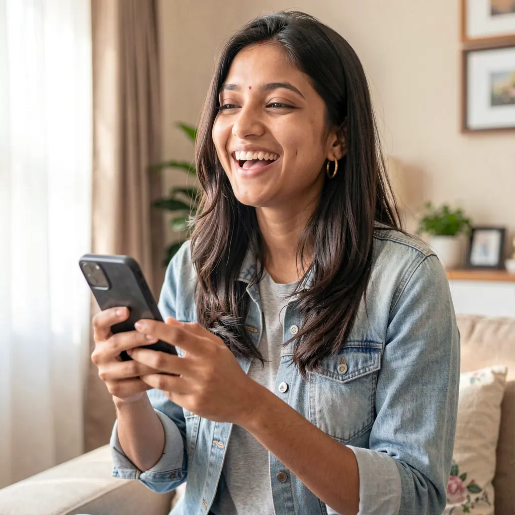 Stylish Bangladeshi woman smiling while using the KASH777 casino app on her smartphone in a comfortable indoor setting