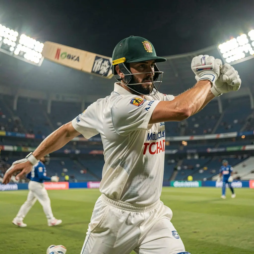 Dynamic cricket scene under bright stadium lights with players in motion highlighting the excitement of live match betting on KASH777 in Bangladesh