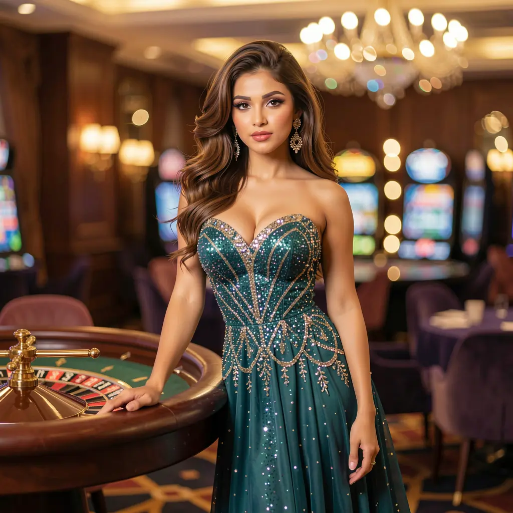 Elegant woman in a luxury casino setting standing by a roulette table with glowing lights representing the high class gaming environment of KASH777 in Bangladesh