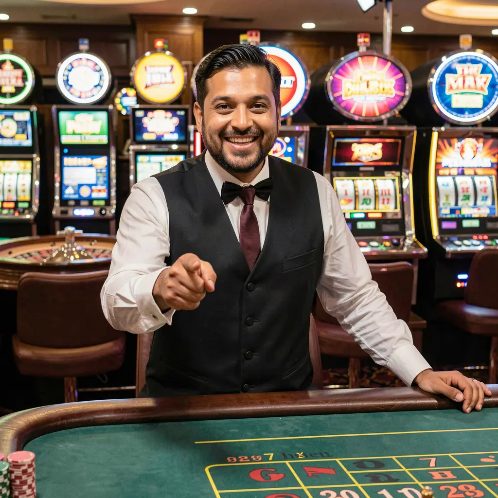 Stylish Bangladeshi casino dealer welcoming players at a roulette table with glowing slot machines behind him symbolizing trusted KASH777 login