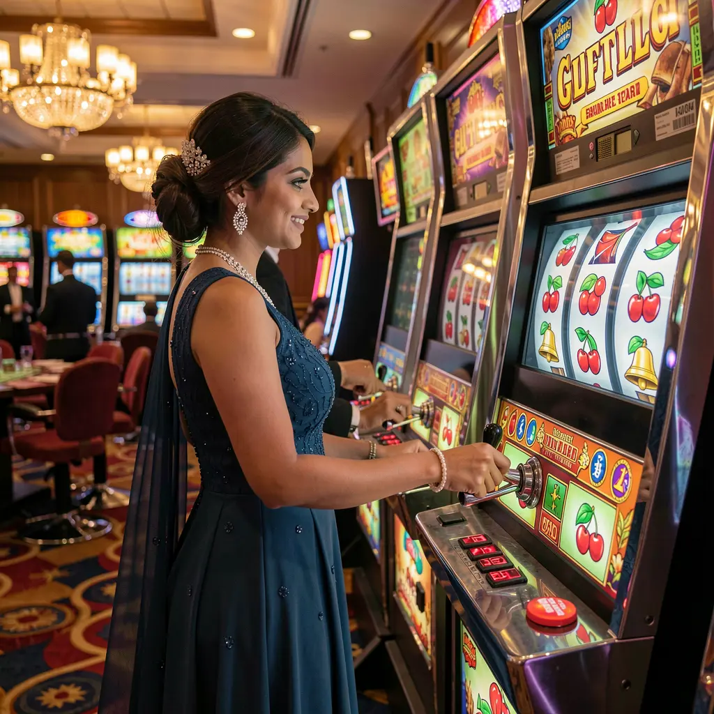 Elegant Bangladeshi woman in a luxurious gown playing a glowing slot machine at KASH777 casino with vibrant reels and a premium gaming atmosphere